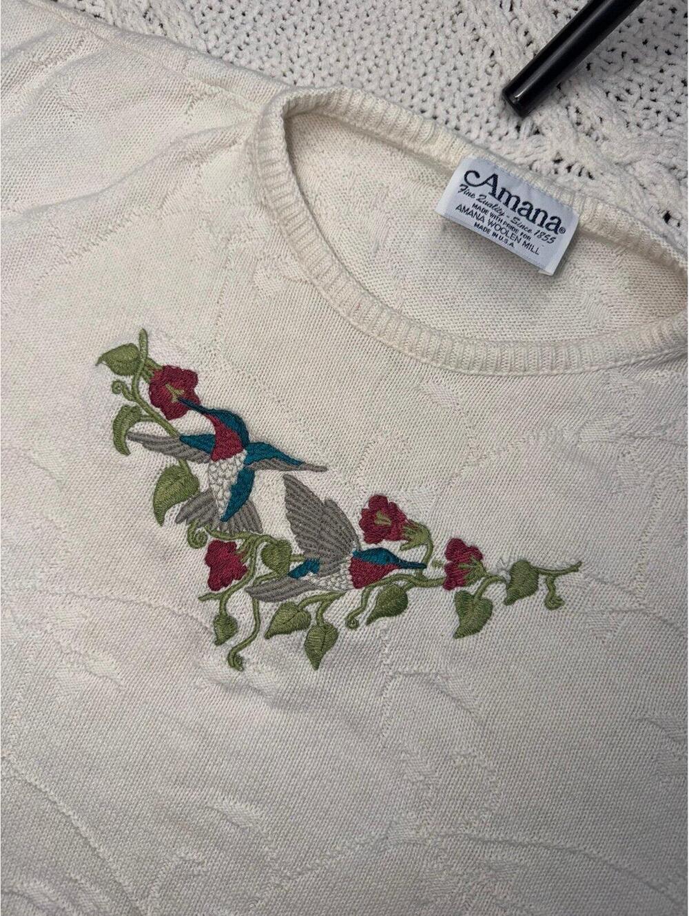 VTG Amana Woolen Mill Cream Embroidered Hummingbird Short Sleeve Sweater XL